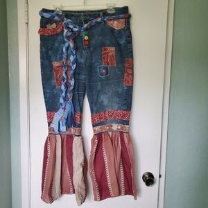 Upcycled Women's Bohemian Patchwork Flare Bell Bottom Jeans with Belt Size 10